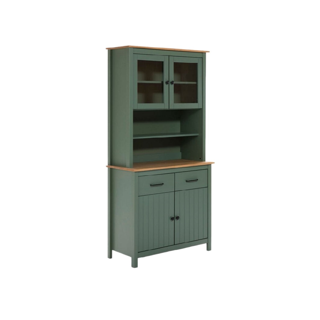 グリーンのキッチンキャビネット：上部ガラス扉付き収納と下部収納スペース