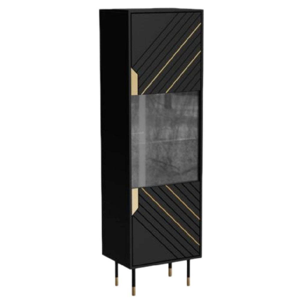 モダンブラックキャビネット：ガラスドアとゴールドディテール付き