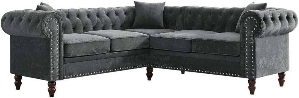 80" Deep Button Tufted Upholstered Roll Arm L-Shaped Sofa 3 Pillows Included, Solid Wood Gourd Legs