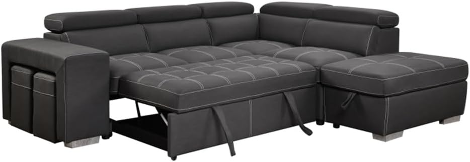 105" Sectional Sofa with Adjustable Headrest,Sleeper Sectional Pull Out Couch Bed with Storage Ottoman and 2 Stools
