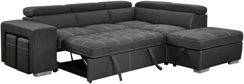 105" Sectional Sofa with Adjustable Headrest,Sleeper Sectional Pull Out Couch Bed with Storage Ottoman and 2 Stools