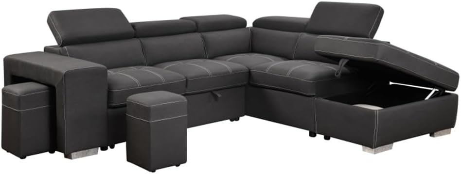 105" Sectional Sofa with Adjustable Headrest,Sleeper Sectional Pull Out Couch Bed with Storage Ottoman and 2 Stools