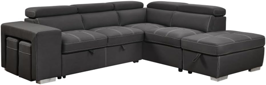 105" Sectional Sofa with Adjustable Headrest,Sleeper Sectional Pull Out Couch Bed with Storage Ottoman and 2 Stools