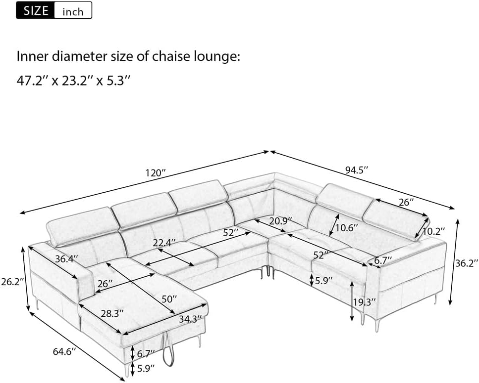 120'* 94.5" 3-Piece Sectional Sofa U Shape with Storage Left Chaise Lounge with Adjustment Linen Fabric