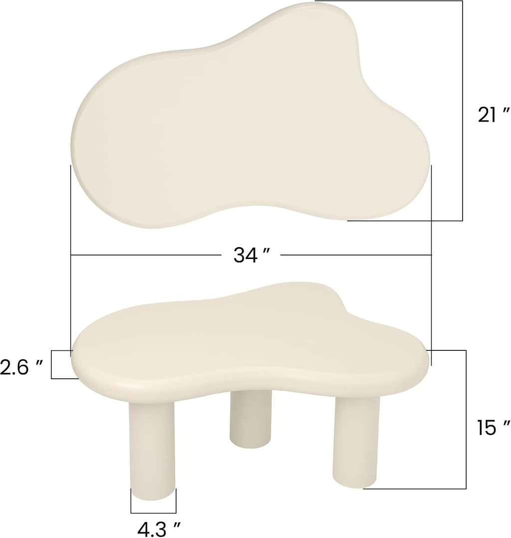 34"(L) Cloud Coffee Table, Modern Wood Coffee Table for Living Room, Accent Center Tables with 3 Legs, Small Tea Tables for Balcony, Patio, Bedroom, Cream White