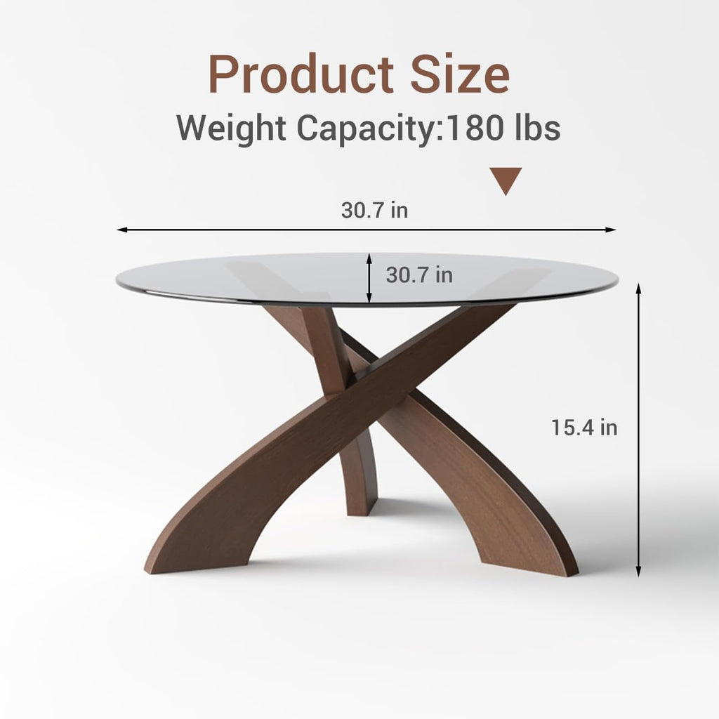 Honyee Glass Coffee Table, 30.7â Round Coffee Table with Tempered Glass Top, Walnut Wood X-Shaped Base, Stable Modern Center Table for Living Room, Apartment and Small Spaces