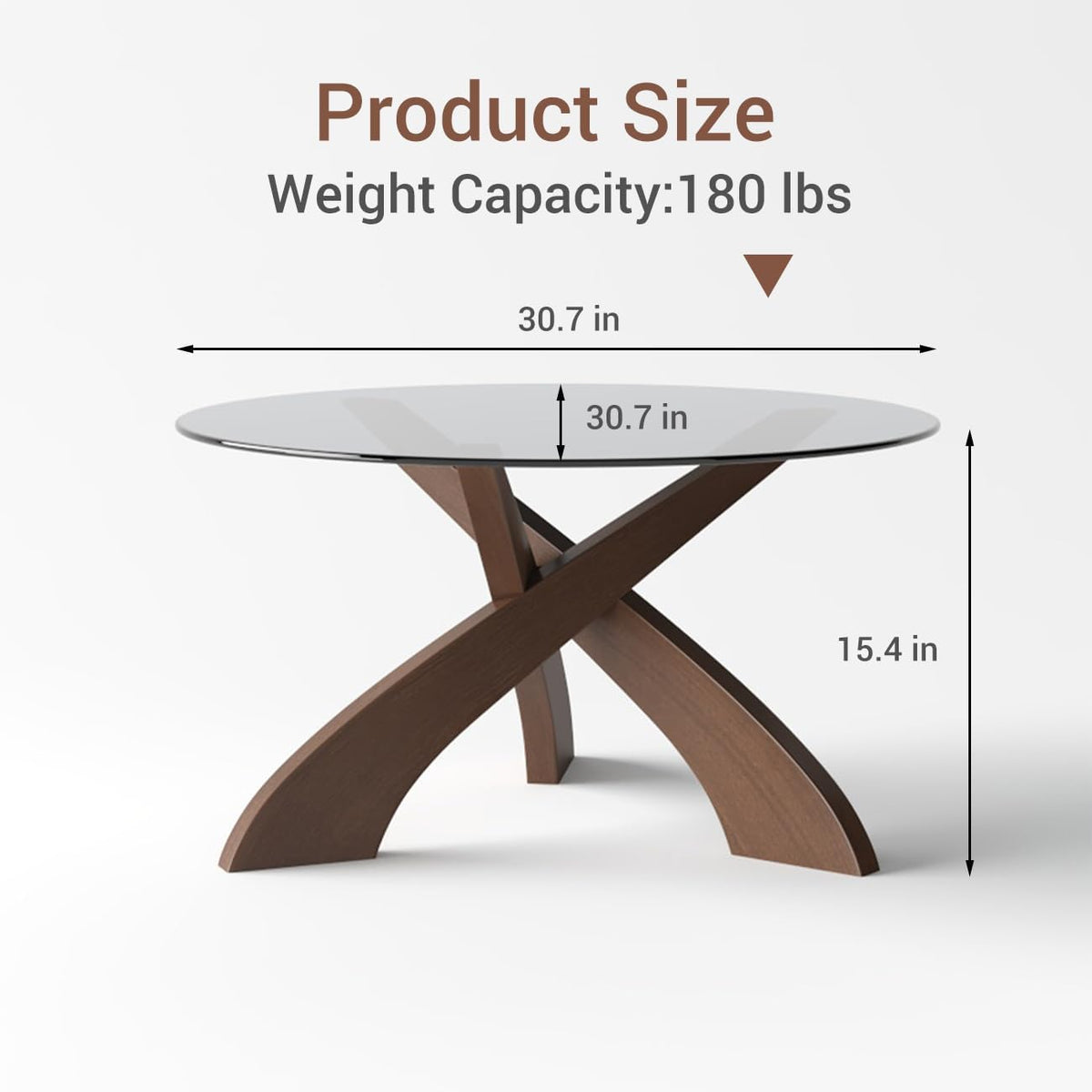 Honyee Glass Coffee Table, 30.7â Round Coffee Table with Tempered Glass Top, Walnut Wood X-Shaped Base, Stable Modern Center Table for Living Room, Apartment and Small Spaces