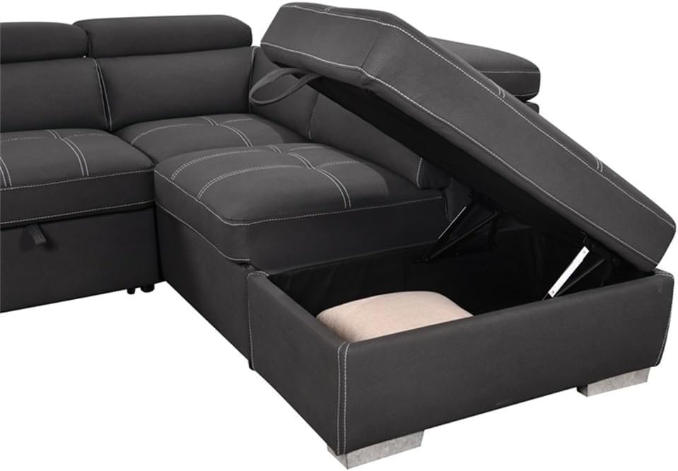 105" Sectional Sofa with Adjustable Headrest,Sleeper Sectional Pull Out Couch Bed with Storage Ottoman and 2 Stools