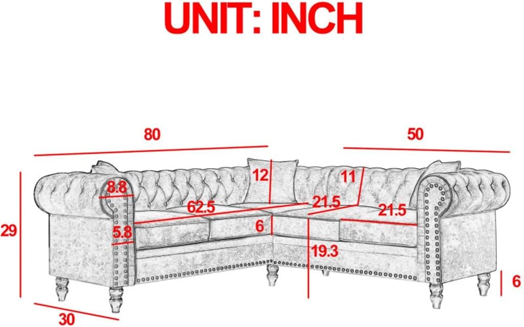 80" Deep Button Tufted Upholstered Roll Arm L-Shaped Sofa 3 Pillows Included, Solid Wood Gourd Legs