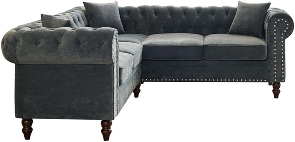 80" Deep Button Tufted Upholstered Roll Arm L-Shaped Sofa 3 Pillows Included, Solid Wood Gourd Legs