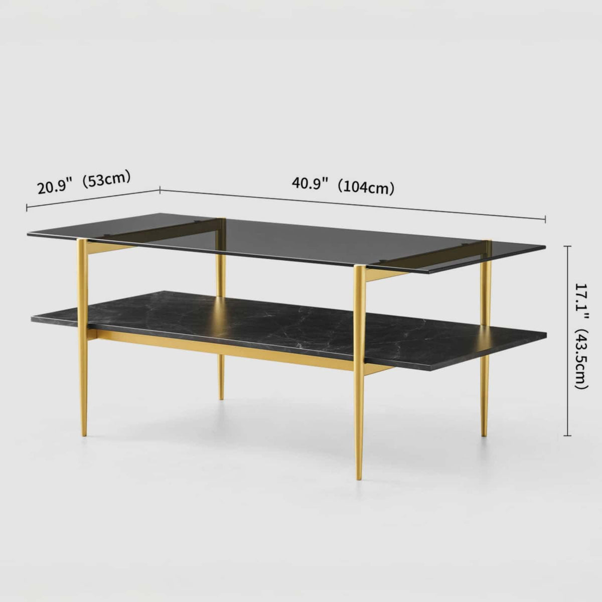 LumFurn Round Coffee Table for Living Room, Mid-Century Modern Design, D30 x H17, 2-Tier Structure, Grey Glass Top and Black Marble Finish Wood Shelf, Sleek Conical Metal Legs with Gold Finish Frame