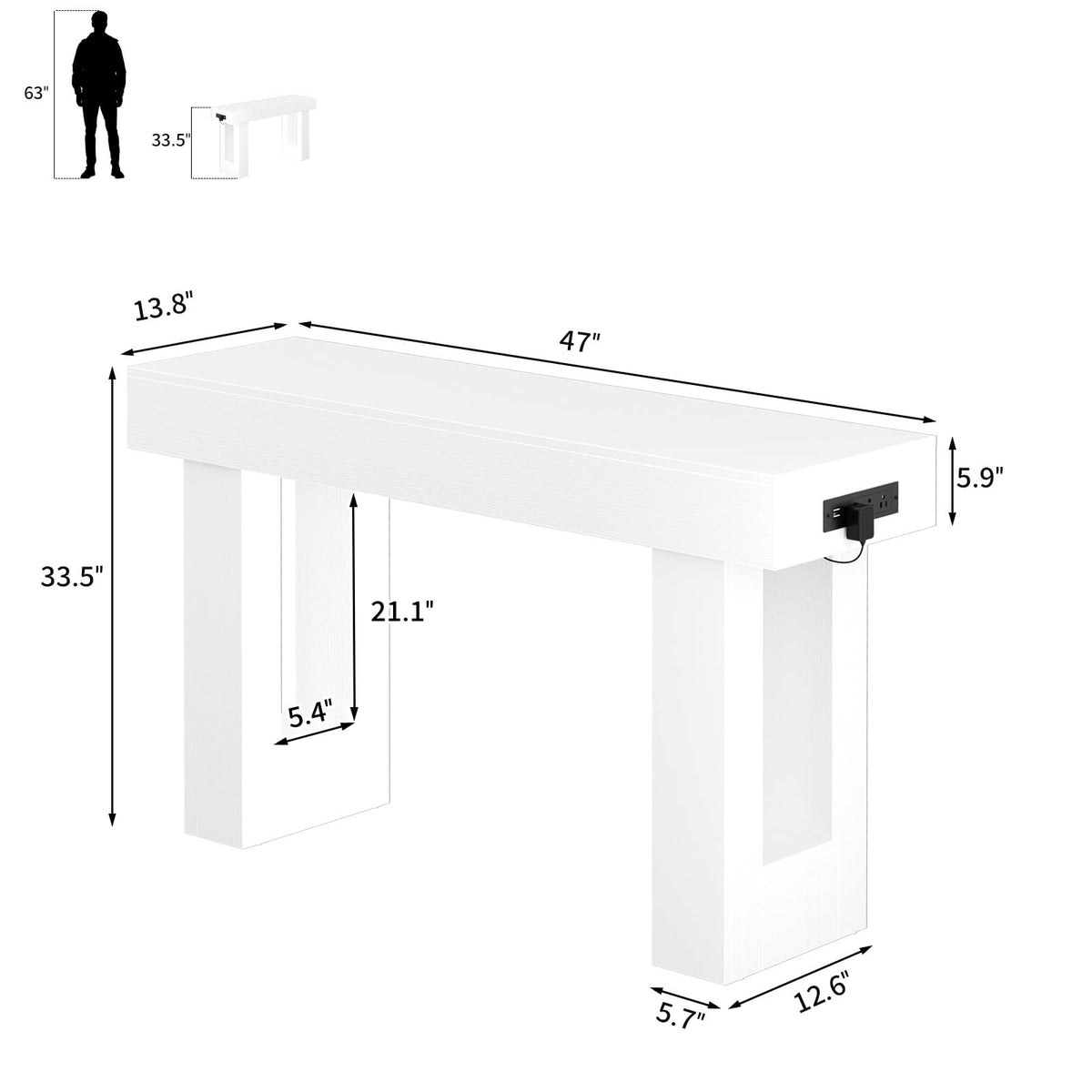 Unikito 63" Console Table with Sensor Light & AC Outlets with USB-C Ports