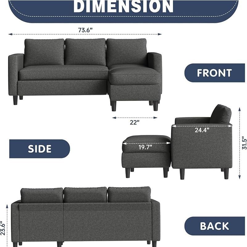 Living Room Office Three Seater L Shaped Sofa with Movable Footstool Fabric Soft Cushion Light Luxury