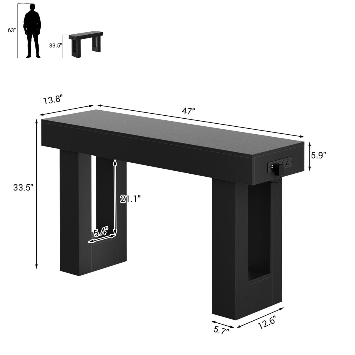 Unikito 63" Console Table with Sensor Light & AC Outlets with USB-C Ports