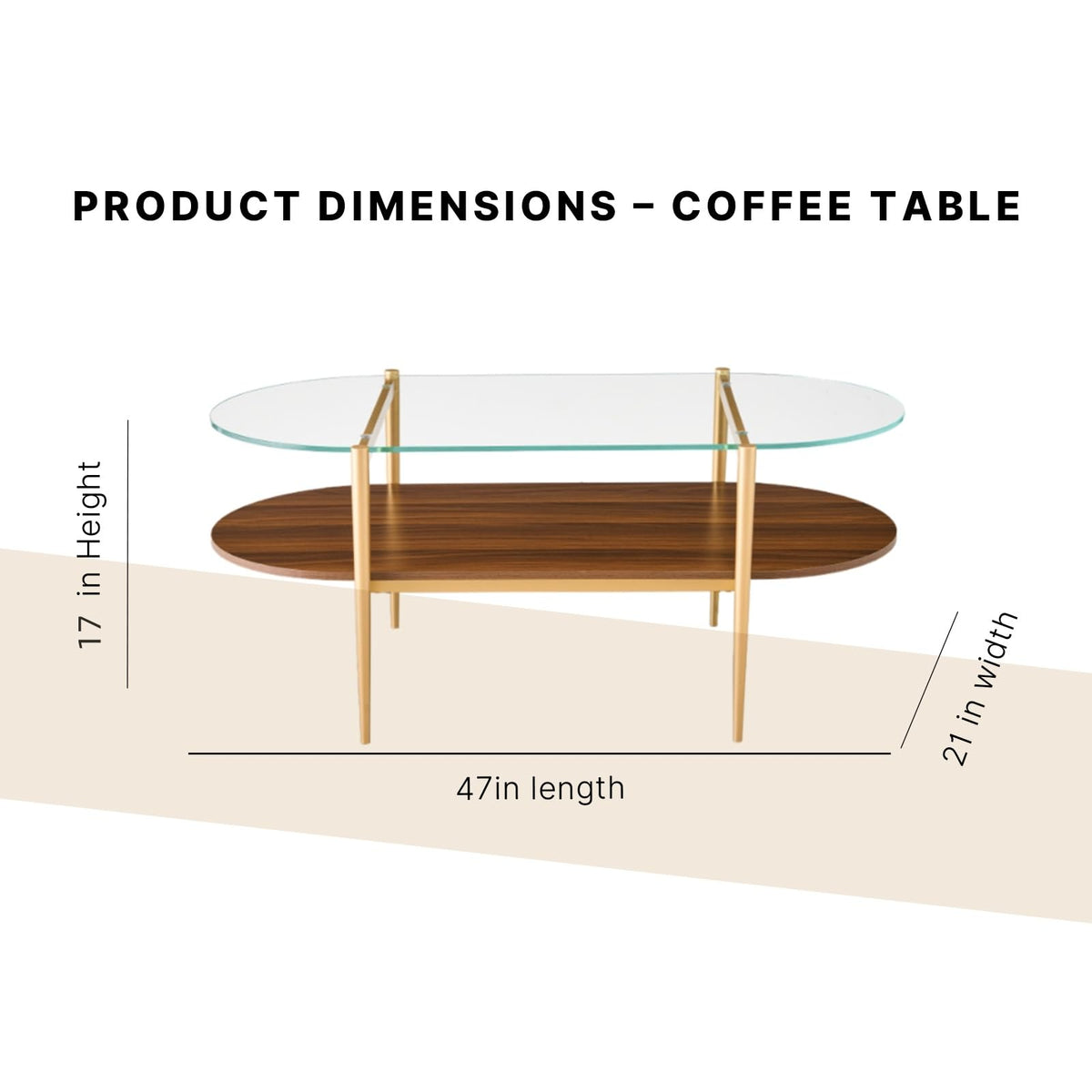 Shrine Oval Coffee Table, Mid-Century Modern Design, 2-Tier Structure, Clear Glass Top and White MDF Shelf, 47" D x 21" W x 17" H, Sleek Conical Metal Legs with Gold Finish