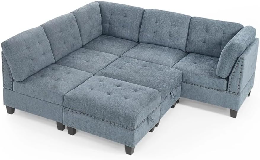 L Shape Chenille Modular Sectional Sofa, Combination Includes Three Single Chair,Two Corner and Ottoman