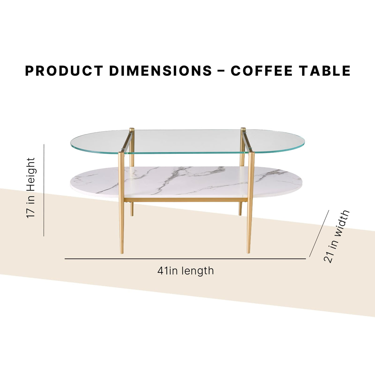 Shrine Oval Coffee Table, Mid-Century Modern Design, 2-Tier Structure, Clear Glass Top and White MDF Shelf, 47" D x 21" W x 17" H, Sleek Conical Metal Legs with Gold Finish