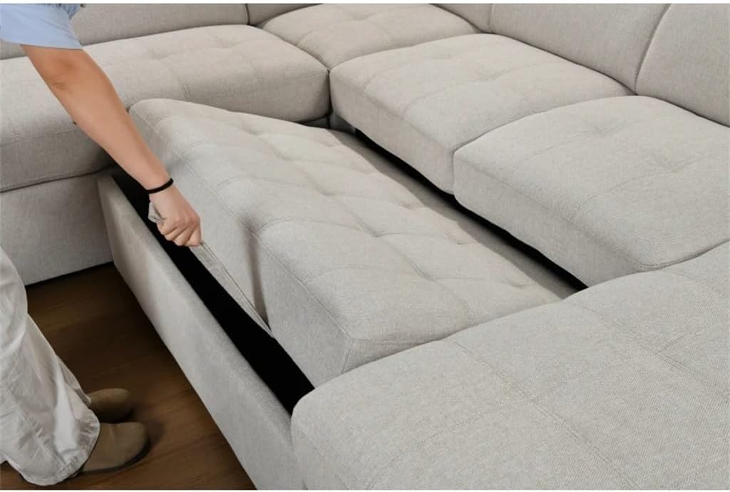 125" U Shaped 7-seat Sectional Sofa Couch with Adjustable Headrest, Bed with Storage Chaise-Pull Out
