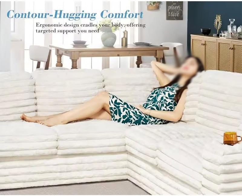112 in Oversized Couch with Storage Chaise Sectional Sofa with Cup Holders 2 Corduroy Beige
