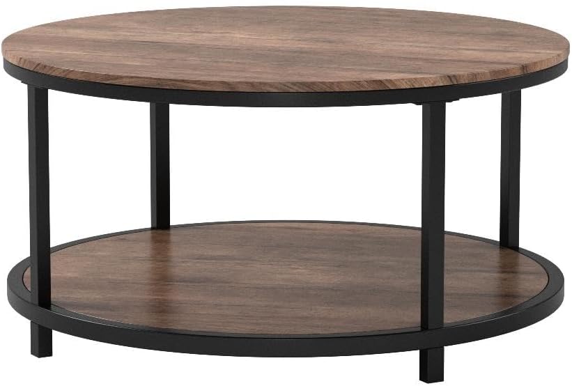 NSdirect Round Coffee Table,36" Coffee Table for Living Room,2-Tier Rustic Wood Desktop with Storage Shelf Modern Design Home Furniture(Light Walnut)
