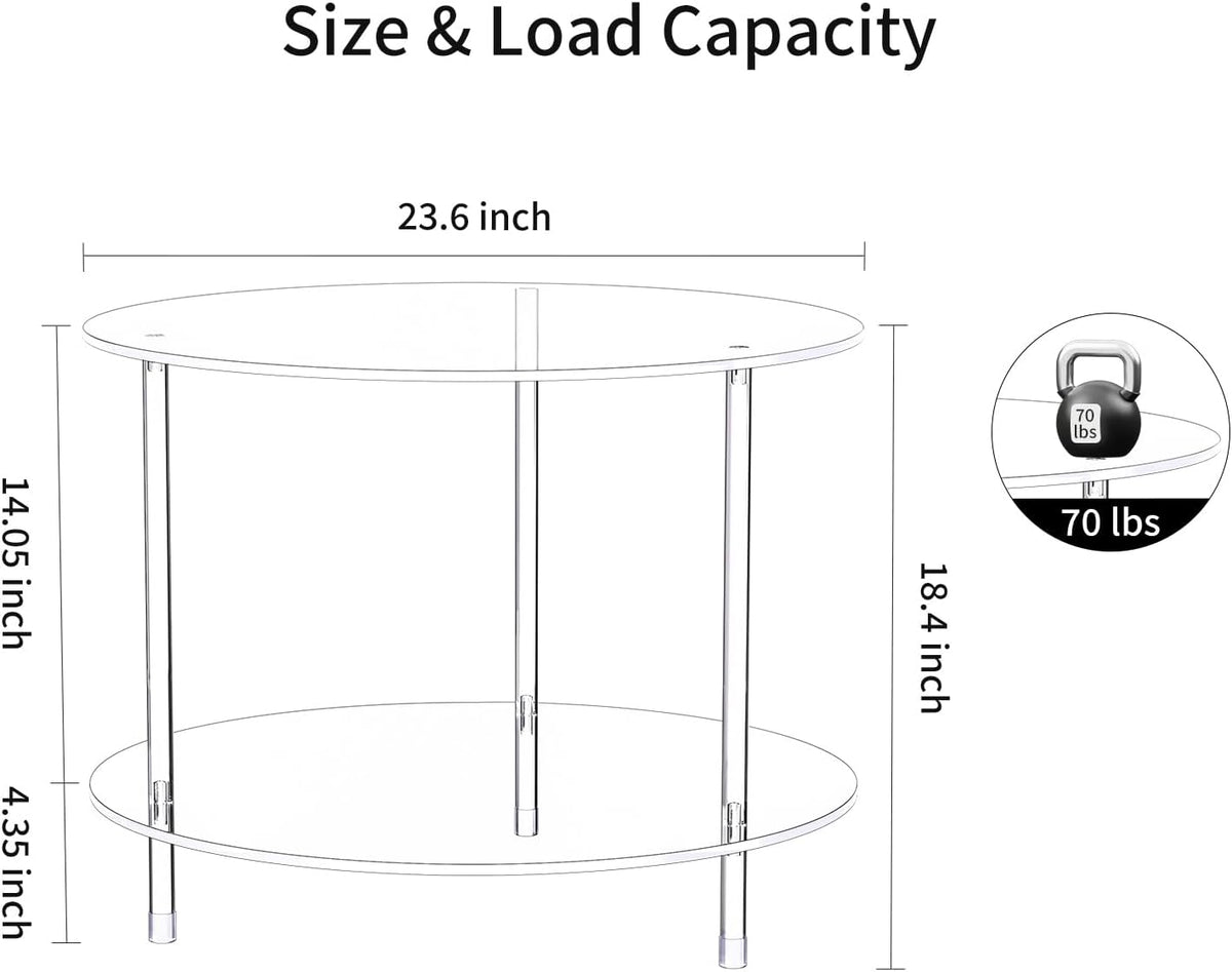 Clear Round Acrylic Coffee Table with Storage, 23.6" L x 23.6" W x 18.4" H, 2 Tier Modern Lucite Center Side End Tables for Living Room, Thicken Sturdy Transparent Circle Accent Tea Table 0041