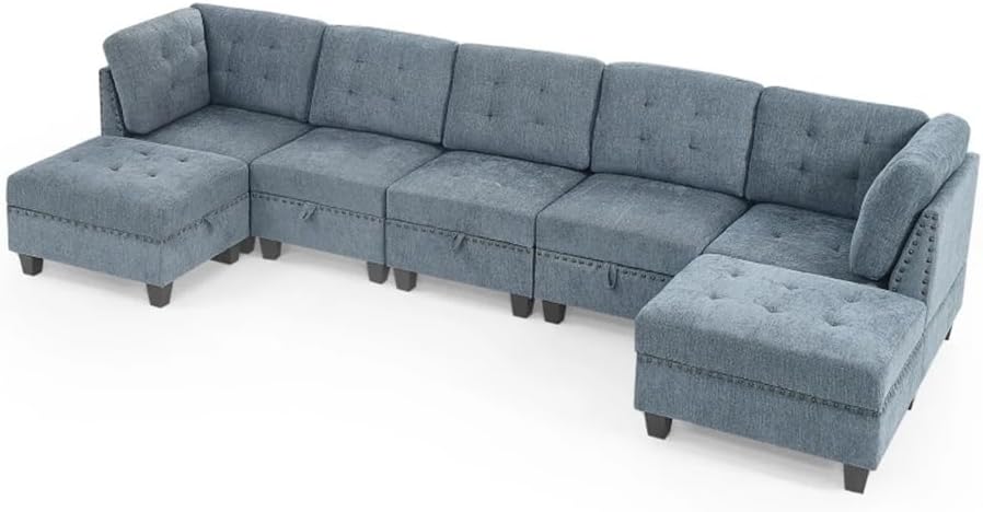 L Shape Chenille Modular Sectional Sofa, Combination Includes Three Single Chair,Two Corner and Ottoman