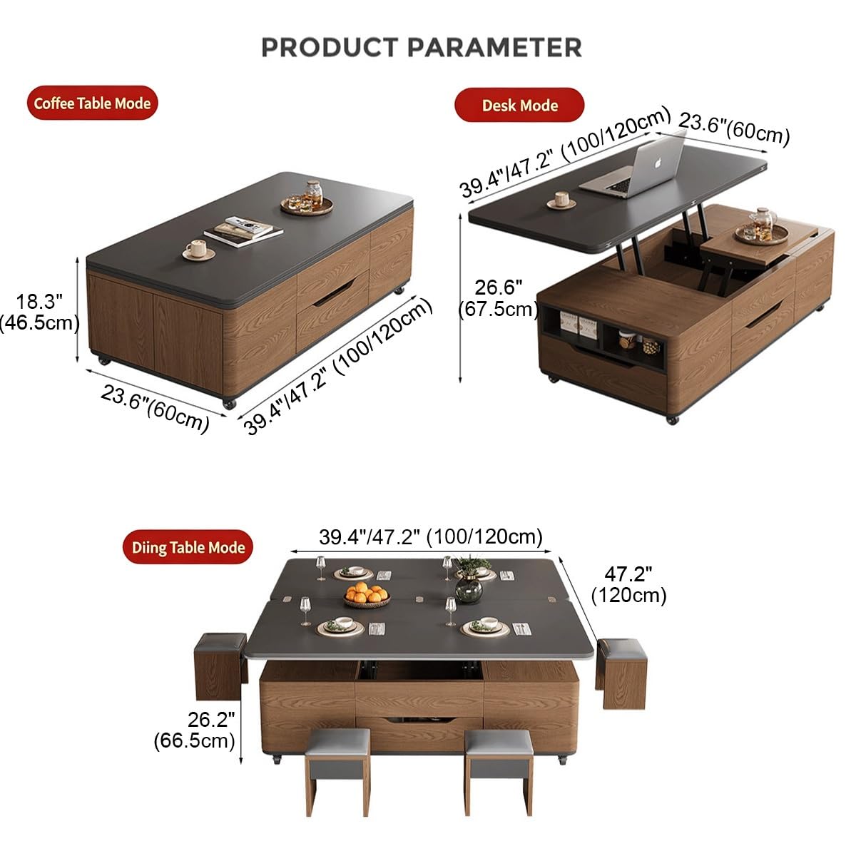 3âinâ1 LiftâTop CoffeeâTable with Storage Drawers & Rolling Casters