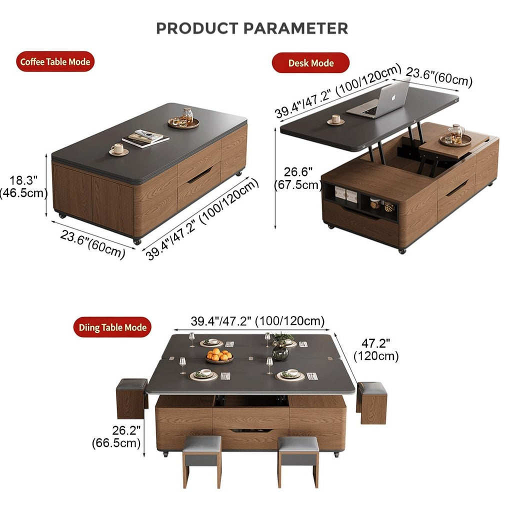 3âinâ1 LiftâTop CoffeeâTable with Storage Drawers & Rolling Casters