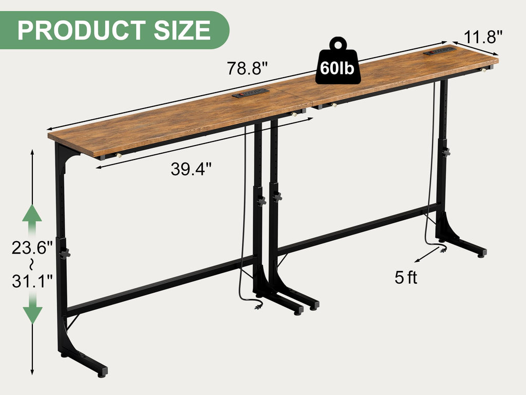 106"-157" Adjustable Length Behind Couch Sofa Table with 3 Power Outlets