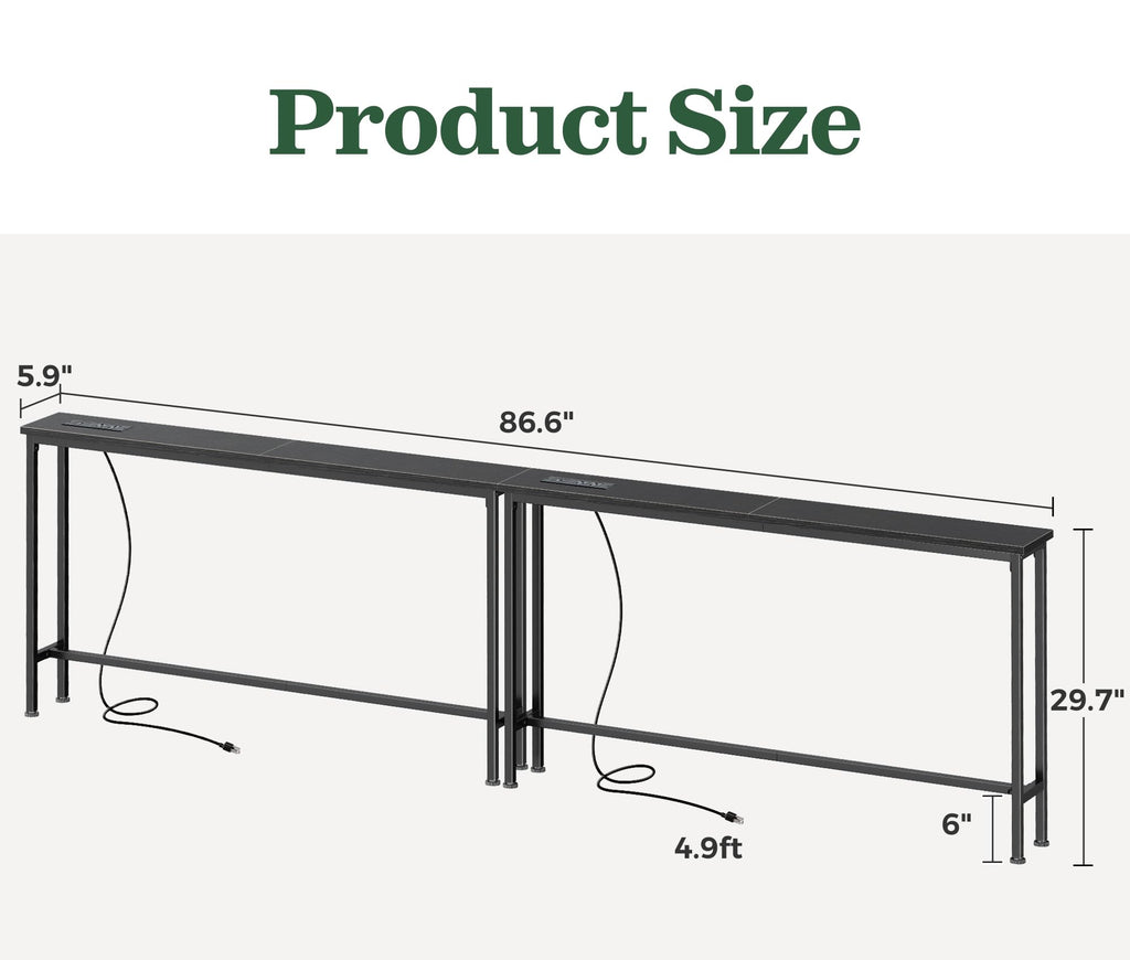 SUPERJARE 110.2 inch Narrow Behind Couch Table with Charging Stations