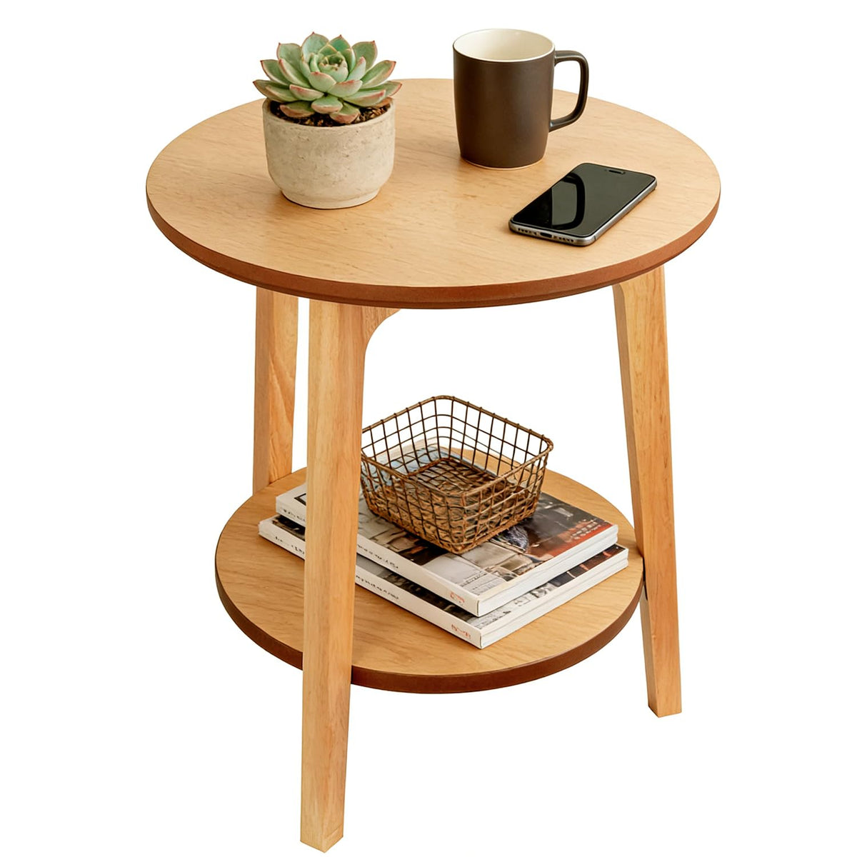 2-Tier Round Coffee Table, 28ââ Wood Nesting Side Table with Storage Shelf, Natural Walnut Wood Tables for Living Room, Space Saving Accent Table