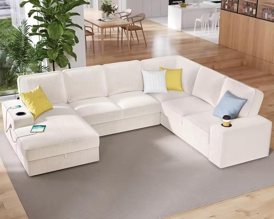 112 in Oversized Couch with Storage Chaise Sectional Sofa with Cup Holders 2 Corduroy Beige