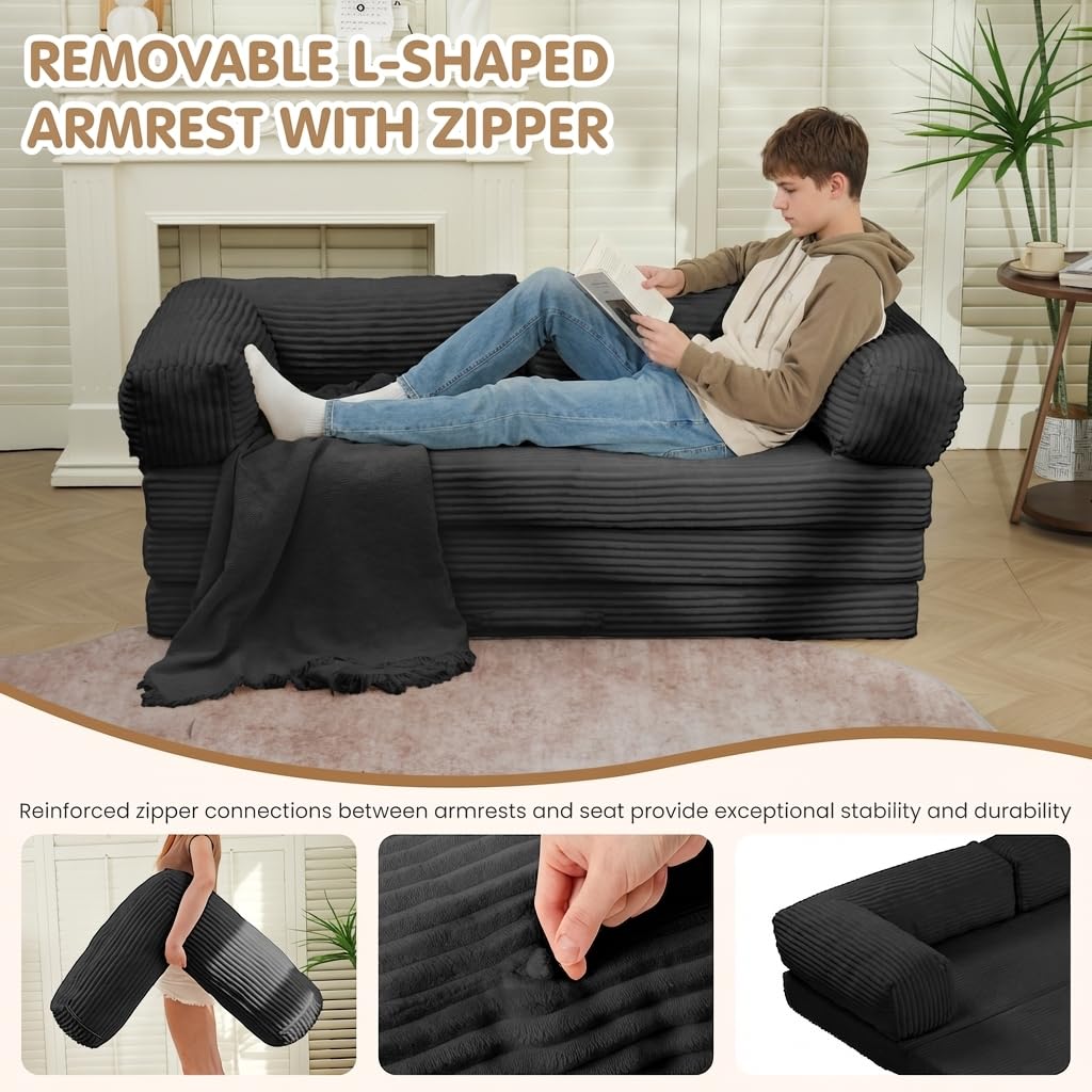 Convertible Sofa Bed Queen,5-in-1 Boneless Couch with Removable Armrests & Handle,Corduroy Futon Sleeper Sofa,Floor Folding Mattress Pull Out Bed for Small Space Apartment Living Room Bedroom,Green
