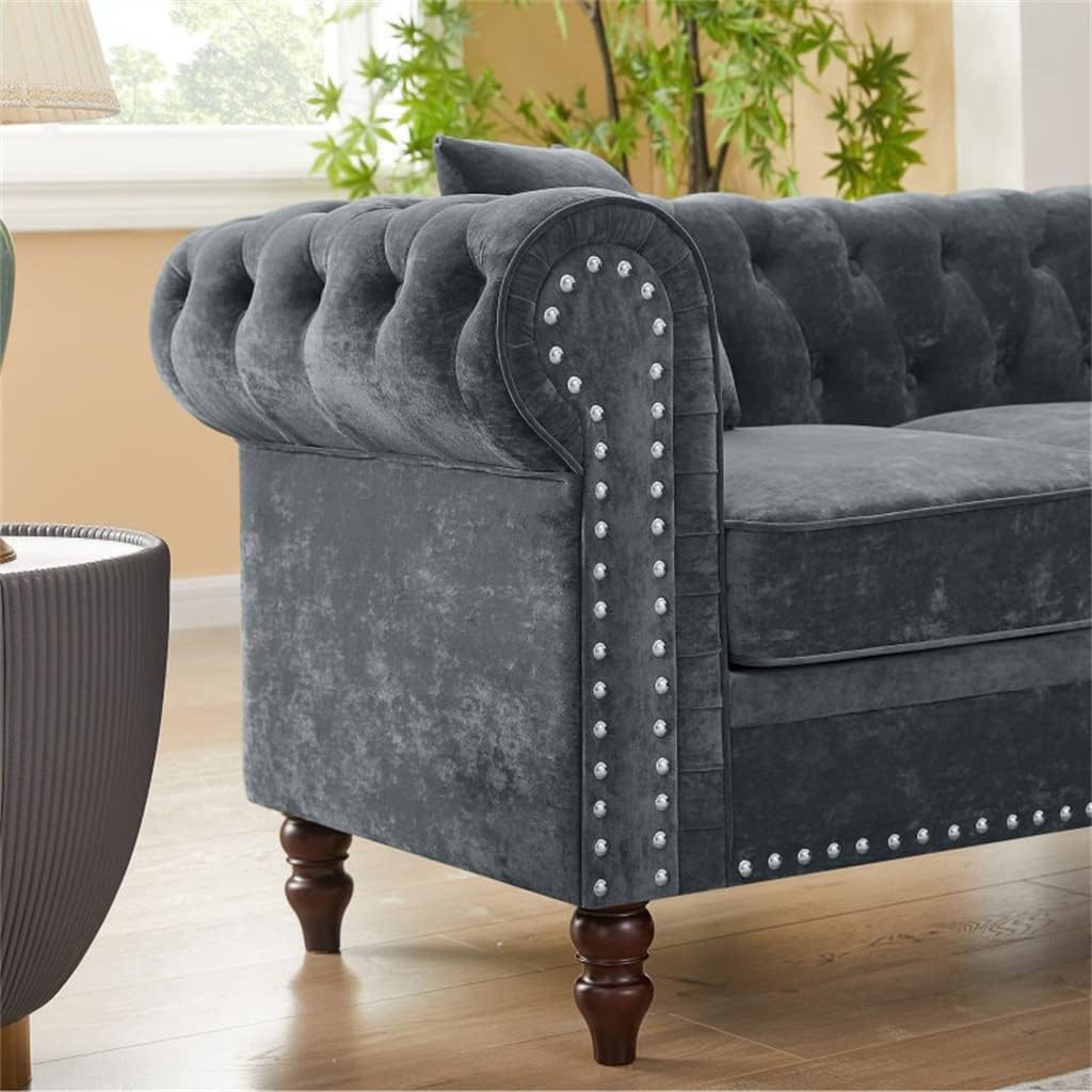 80" Deep Button Tufted Upholstered Roll Arm L-Shaped Sofa 3 Pillows Included, Solid Wood Gourd Legs