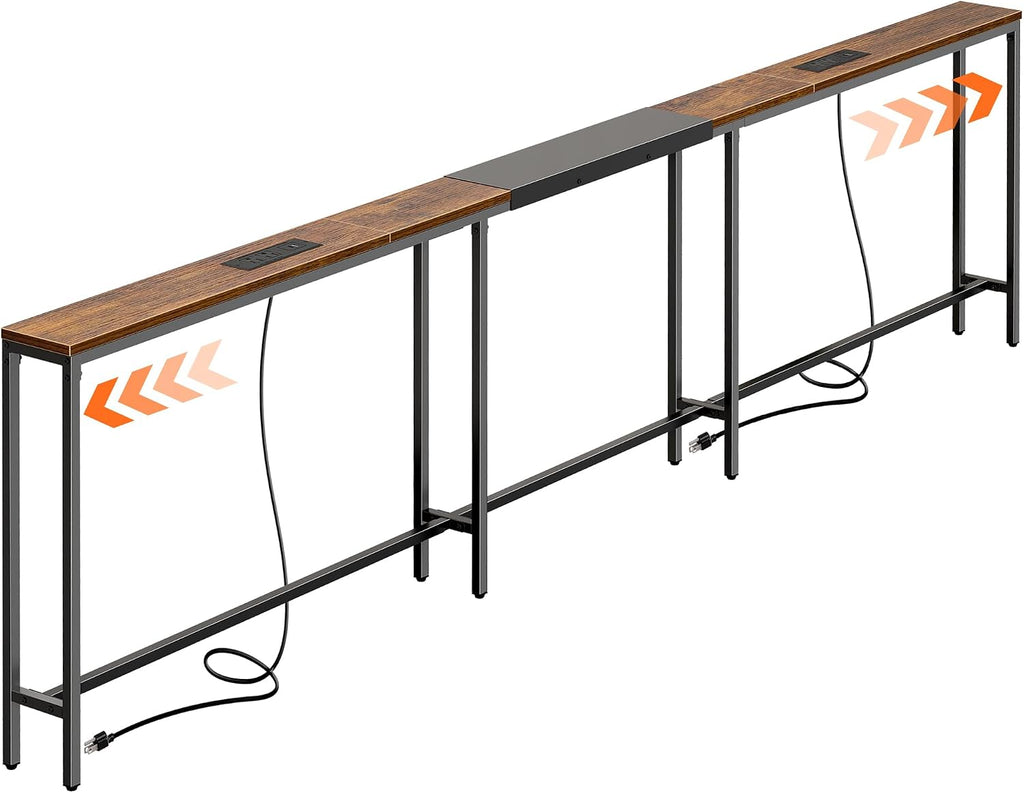 Huuger Narrow Sofa Table with 2 Power Outlets, 110.2-133.8 Inch Adjustable Length, Behind the Couch Table with USB-C Port, Long Entryway Console Table, Anti-tip Kit, for Living Room, Rustic Brown