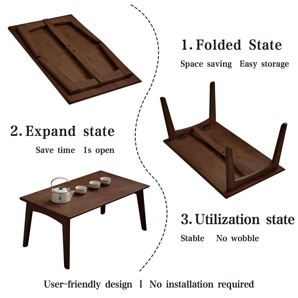 JIKUGO Bamboo Folding Coffee Table No Assembly Required Japanese Floor Table for Bedroom Living Room, Walnut, 26 x 15.8 x 11.8 Inches