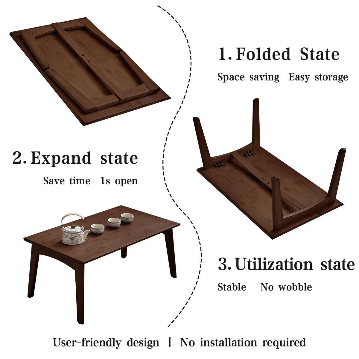 JIKUGO Bamboo Folding Coffee Table No Assembly Required Japanese Floor Table for Bedroom Living Room, Walnut, 26 x 15.8 x 11.8 Inches