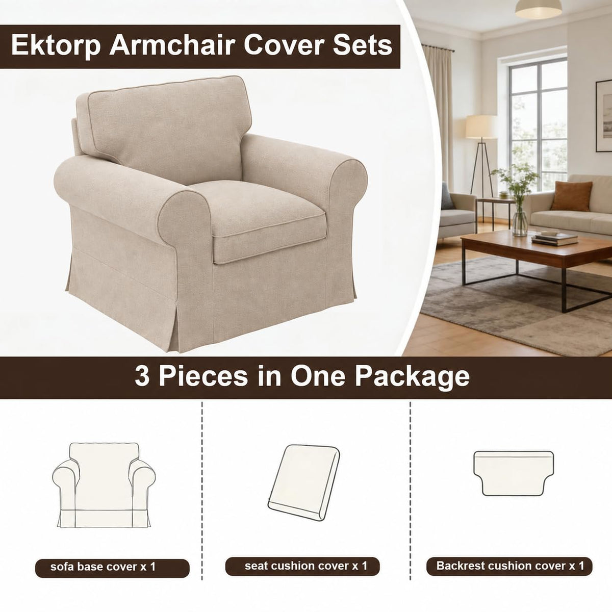 Ektorp 3 Seat Sofa Cover Slipcover Replacement Made for IKEA Ektorp 3 Seat Sofa Cover, Couch Cover Not Include The Sofa Body,Khaki