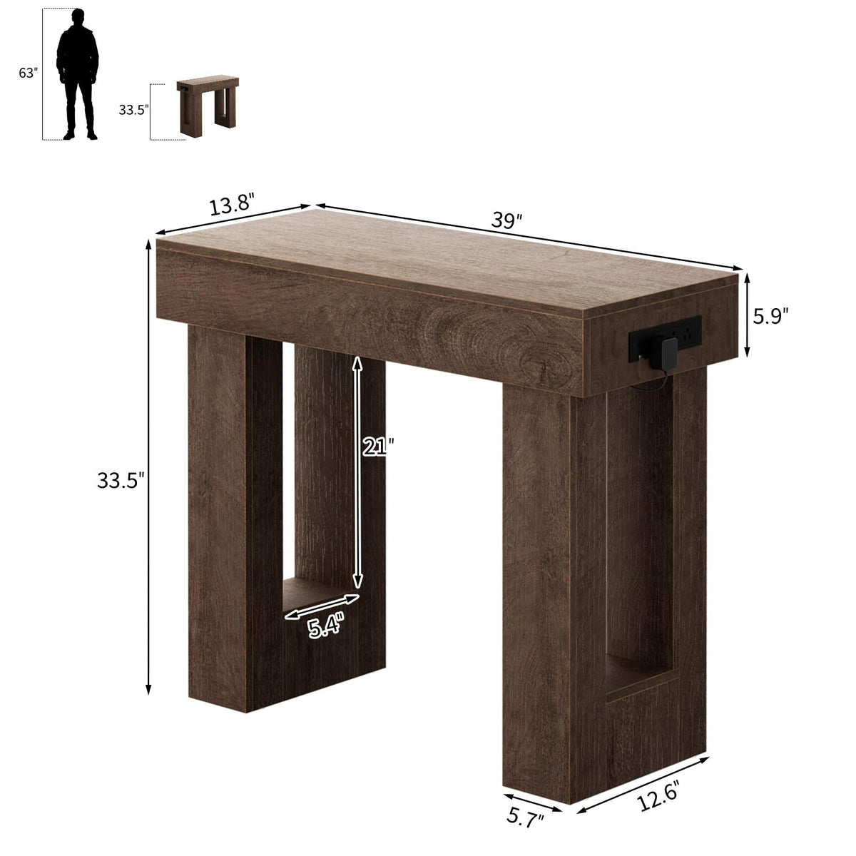 Unikito 63" Console Table with Sensor Light & AC Outlets with USB-C Ports