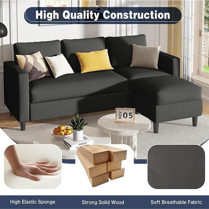 Living Room Office Three Seater L Shaped Sofa with Movable Footstool Fabric Soft Cushion Light Luxury