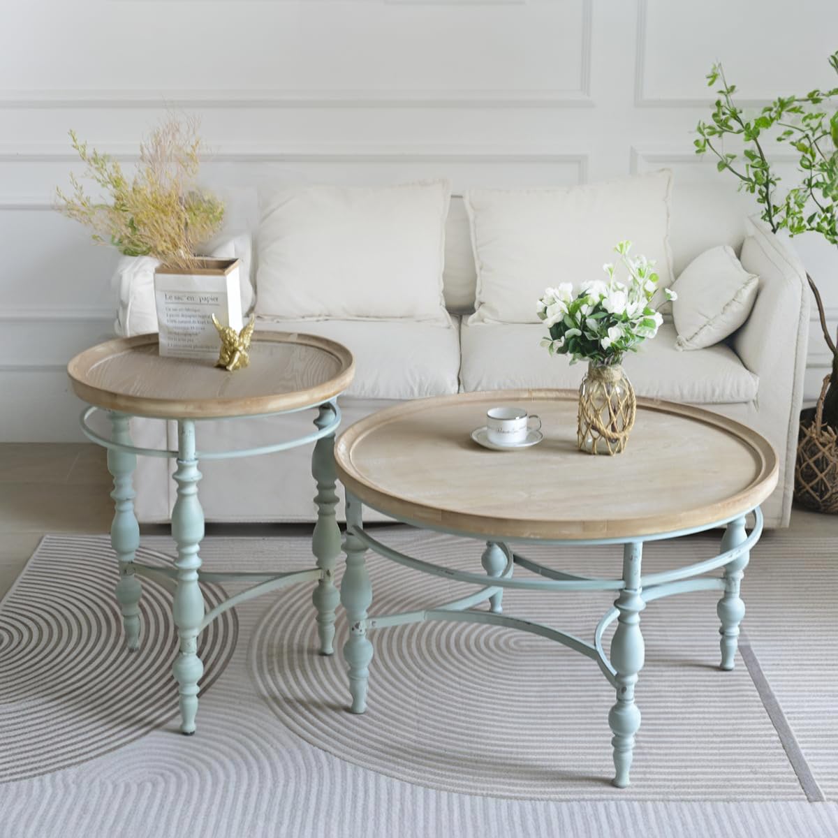 Rustic Farmhouse Round Coffee Table, French Country Vintage Center Table,Ï31.5'' x18.9''H Rustic Solid Wood with Vintage Iron Legs, for Living Room, Bedroom,Dinning Room,Nature White
