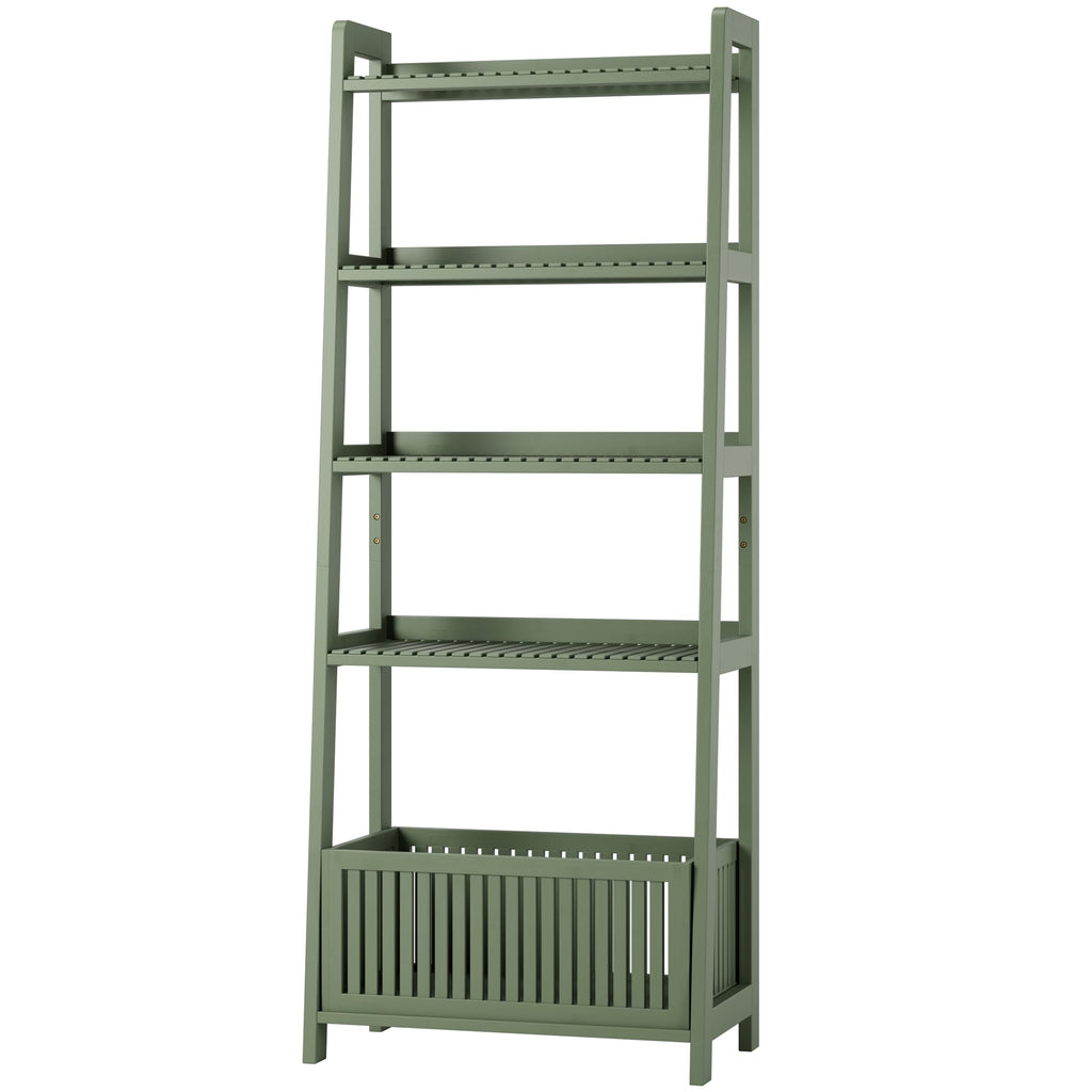 Bamjoy Bamboo Ladder Shelf, Bookshelf with 4 Display Shelves and 1 Open Storage Basket, Multifunctional Storage Rack Organizer for Home Office, Bedroom, Living Room, 66â H Natural