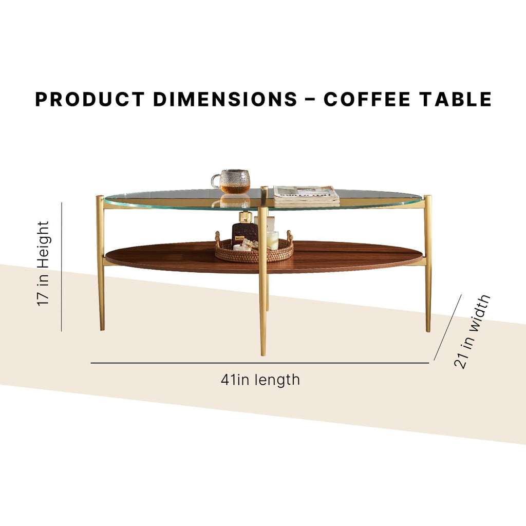 Shrine Oval Coffee Table, Mid-Century Modern Design, 2-Tier Structure, Clear Glass Top and White MDF Shelf, 47" D x 21" W x 17" H, Sleek Conical Metal Legs with Gold Finish