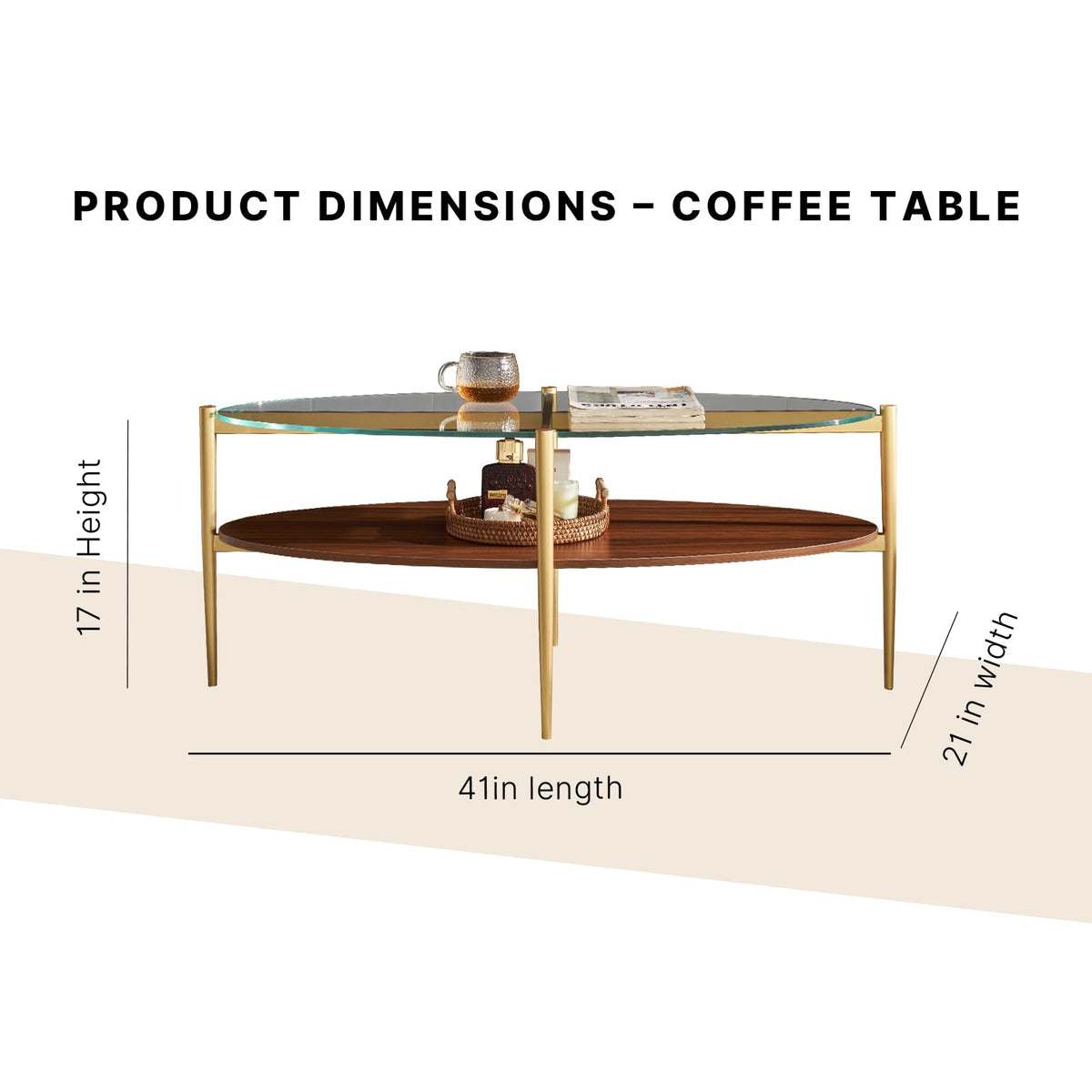 Shrine Oval Coffee Table, Mid-Century Modern Design, 2-Tier Structure, Clear Glass Top and White MDF Shelf, 47" D x 21" W x 17" H, Sleek Conical Metal Legs with Gold Finish