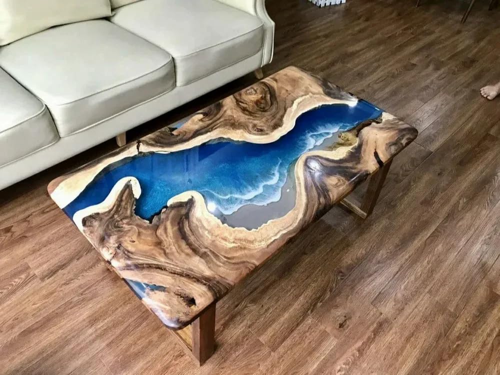 Natural Wood Unique Blue Ocean with Wave Look Resin Epoxy Table Coastal Table Top Dining Table Coffee Table Side/End Table Home DÃ©cor (16.5" Inches Tall, 36 x 24 Inches)