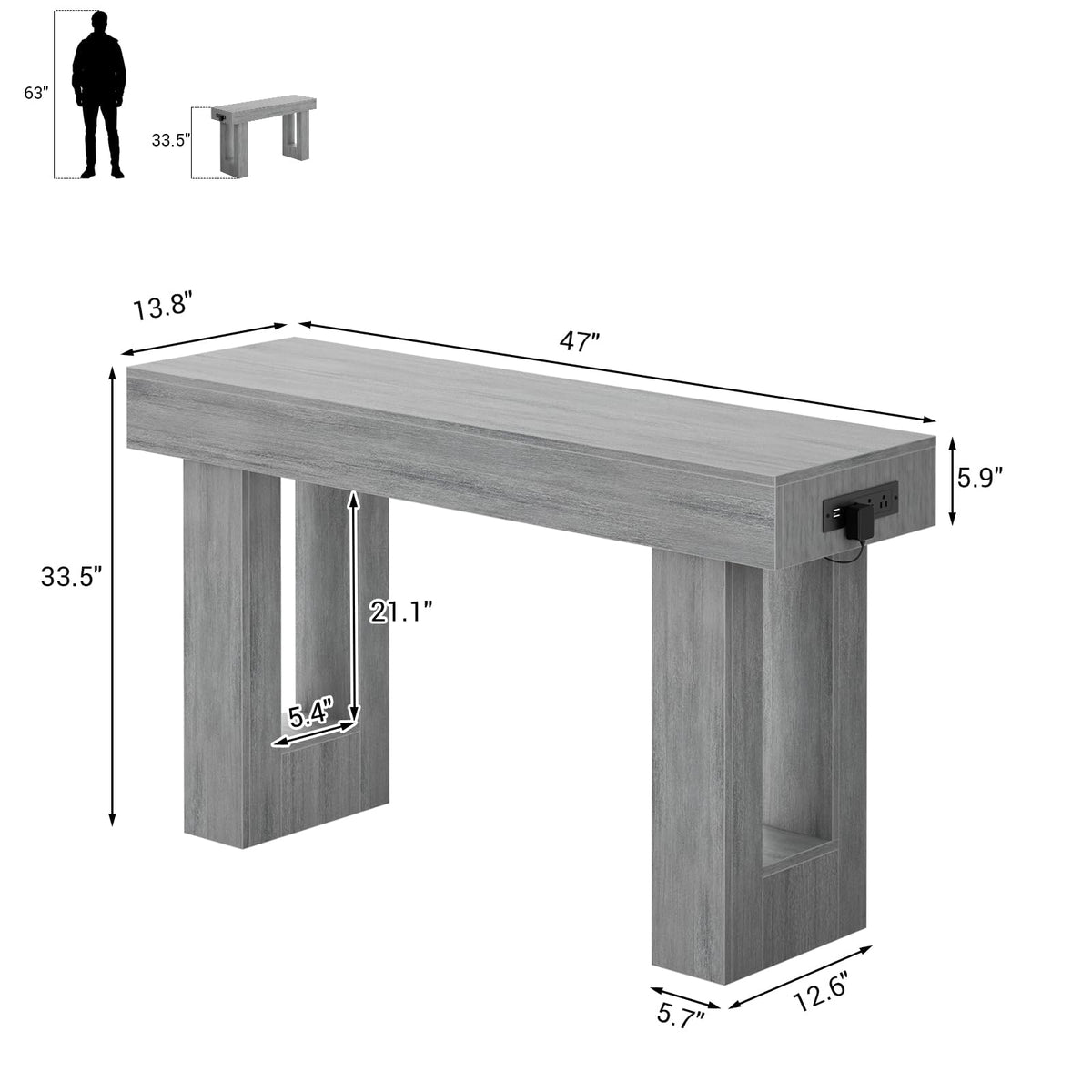Unikito 63" Console Table with Sensor Light & AC Outlets with USB-C Ports