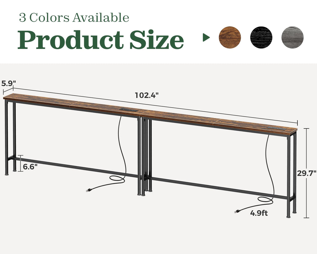 SUPERJARE 110.2 inch Narrow Behind Couch Table with Charging Stations