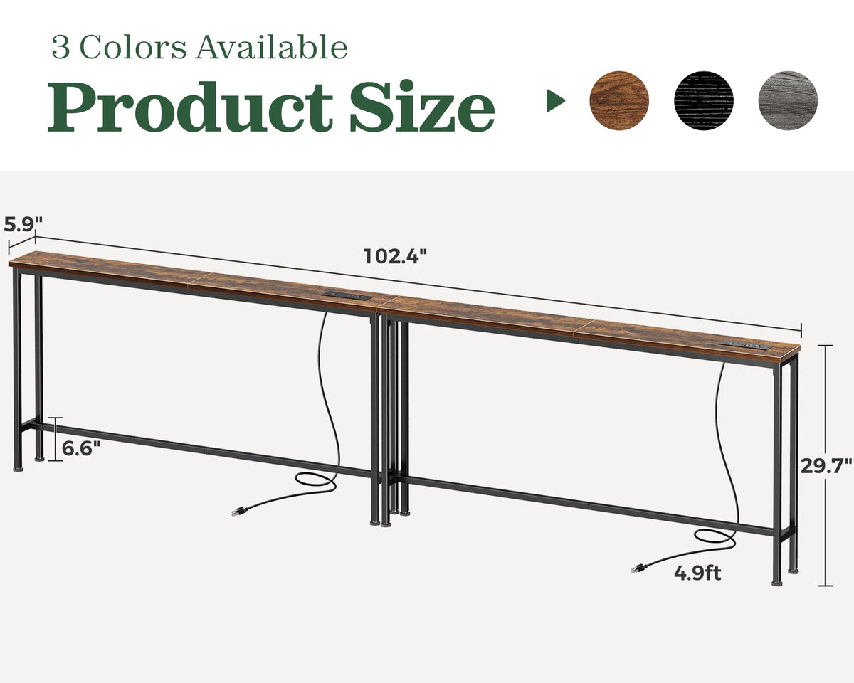 SUPERJARE 110.2 inch Narrow Behind Couch Table with Charging Stations