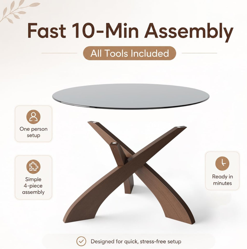 Honyee Glass Coffee Table, 30.7â Round Coffee Table with Tempered Glass Top, Walnut Wood X-Shaped Base, Stable Modern Center Table for Living Room, Apartment and Small Spaces