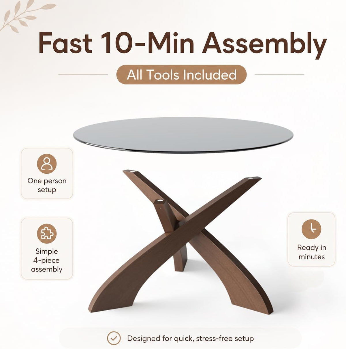 Honyee Glass Coffee Table, 30.7â Round Coffee Table with Tempered Glass Top, Walnut Wood X-Shaped Base, Stable Modern Center Table for Living Room, Apartment and Small Spaces